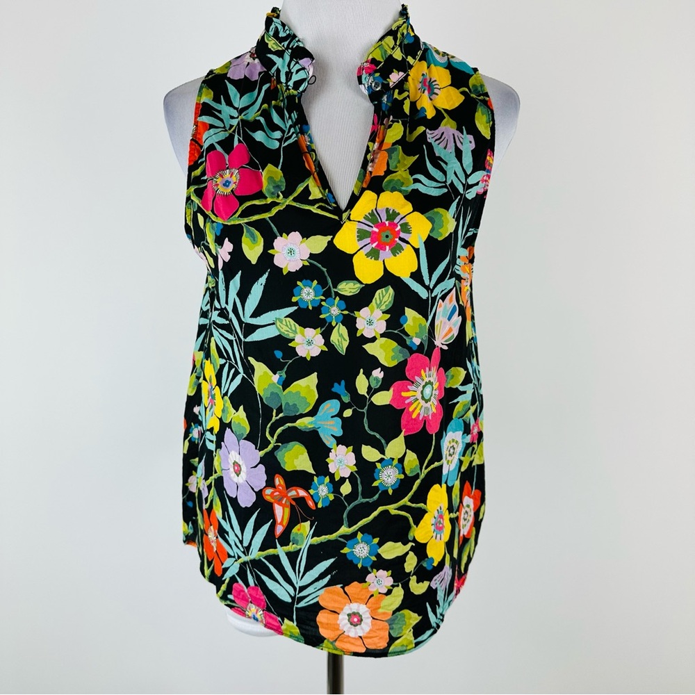 J. Crew Black Floral Sleeveless Ruffle V-Neck Top